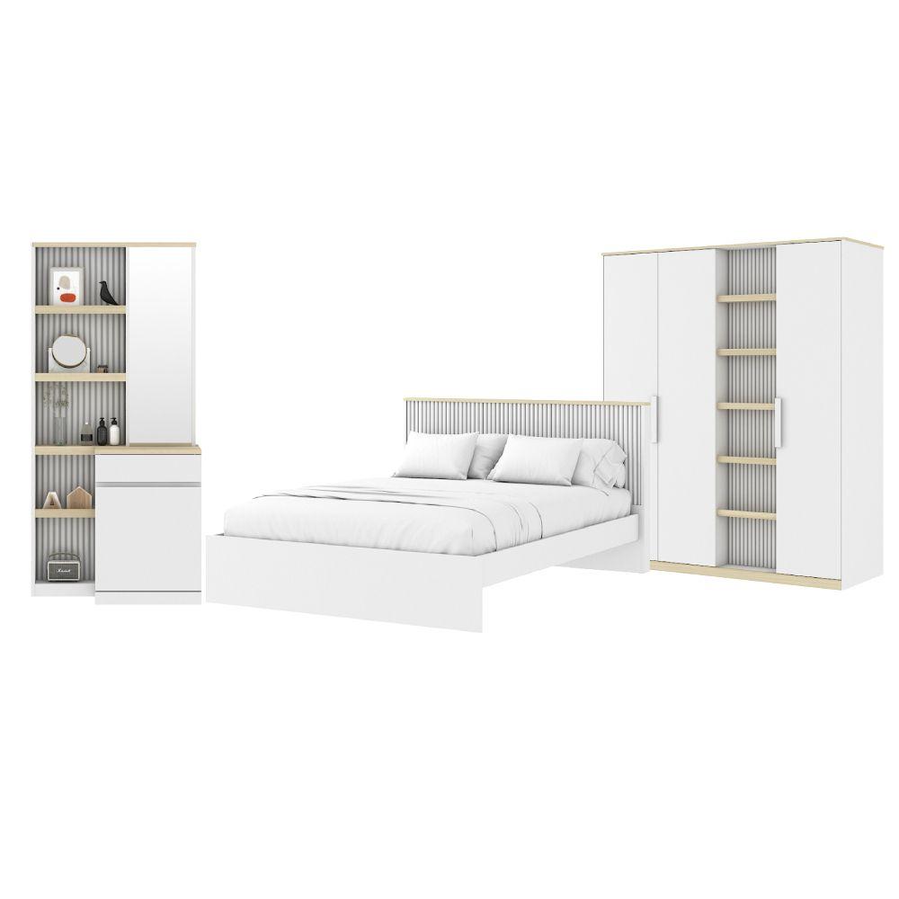 ชุดห้องนอน รุ่นมินิมอล ขนาด 5 ฟุต (เตียง, ตู้เสื้อผ้า 4 บาน, โต๊ะเครื่องแป้ง ) - สีขาว/เลอบาน่า โอ๊ค