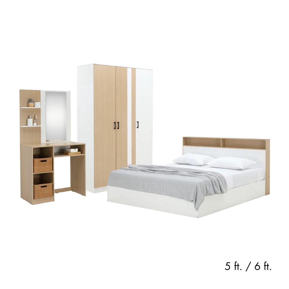 Furinbox ชุดห้องนอน รุ่นคาร์เนชั่น+แมกโนเลีย (เตียง, ตู้เสื้อผ้า 3 บาน, โต๊ะเครื่องแป้ง) - สีขาว/ธรรมชาติ