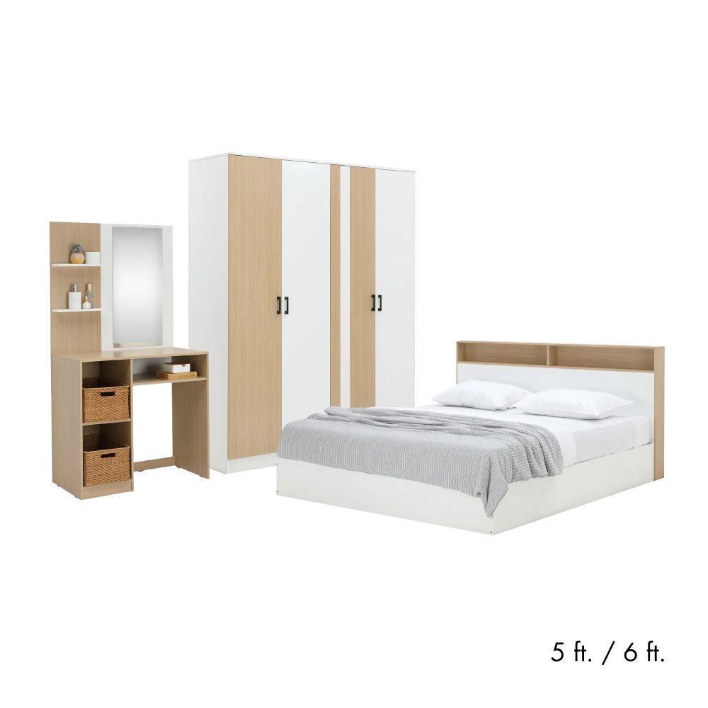 Furinbox ชุดห้องนอน รุ่นคาร์เนชั่น+แมกโนเลีย (เตียง, ตู้เสื้อผ้า 4 บาน, โต๊ะเครื่องแป้ง) - สีขาว/ธรรมชาติ