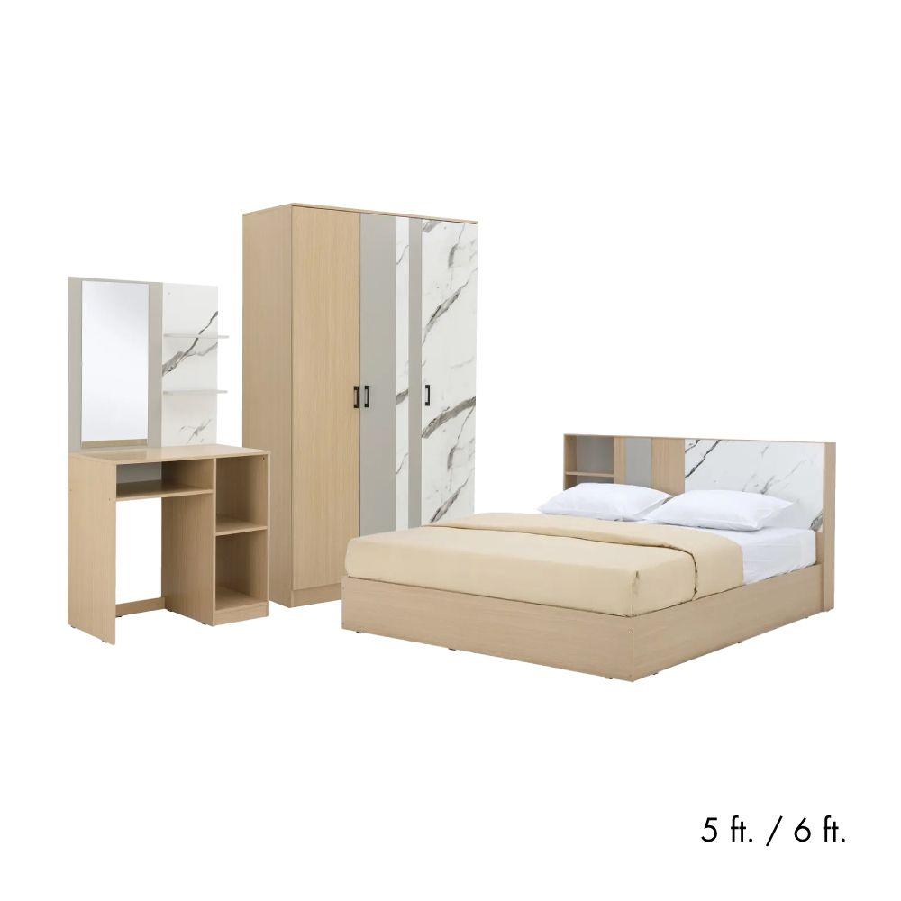 Furinbox ชุดห้องนอน รุ่นแมกโนเลีย (เตียง, ตู้เสื้อผ้า 3 บาน, โต๊ะเครื่องแป้ง) - สีธรรมชาติ/หินอ่อน