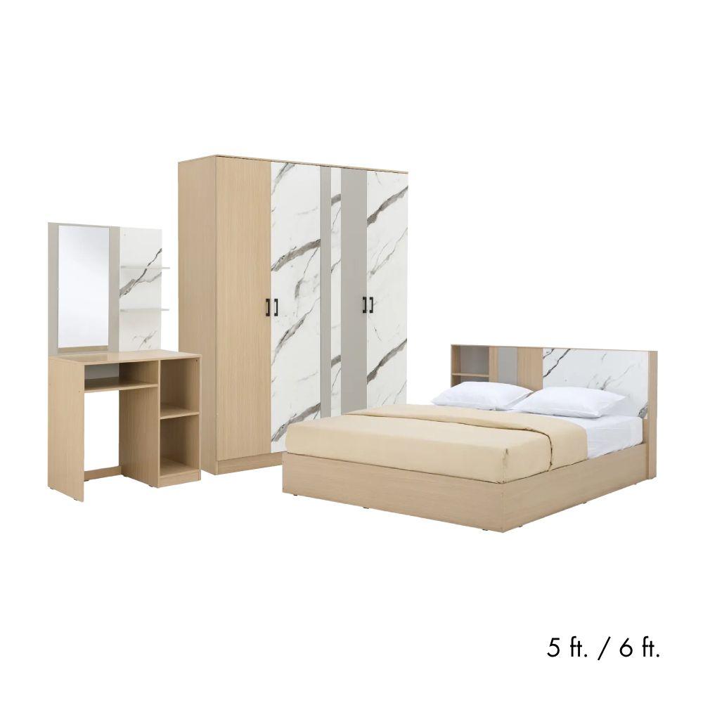 Furinbox ชุดห้องนอน รุ่นแมกโนเลีย (เตียง, ตู้เสื้อผ้า 4 บาน, โต๊ะเครื่องแป้ง) - สีธรรมชาติ/หินอ่อน