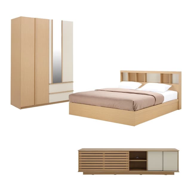ชุดห้องนอน รุ่นชิซูโอกะ ขนาด 5 ฟุต (เตียง, ตู้เสื้อผ้า 4 บาน, ตู้วางทีวี) ราคาพิเศษ!