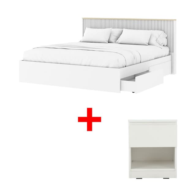 ซื้อเตียงนอน รุ่นมินิมอล ขนาด 5 ฟุต พร้อมกล่องเก็บของใต้เตียง รุ่นโรม ขนาด 100 ซม. 2 ลิ้นชัก และโต๊ะข้างเตียง 1 ลิ้นชัก รุ่นเมซอง ราคาพิเศษ!