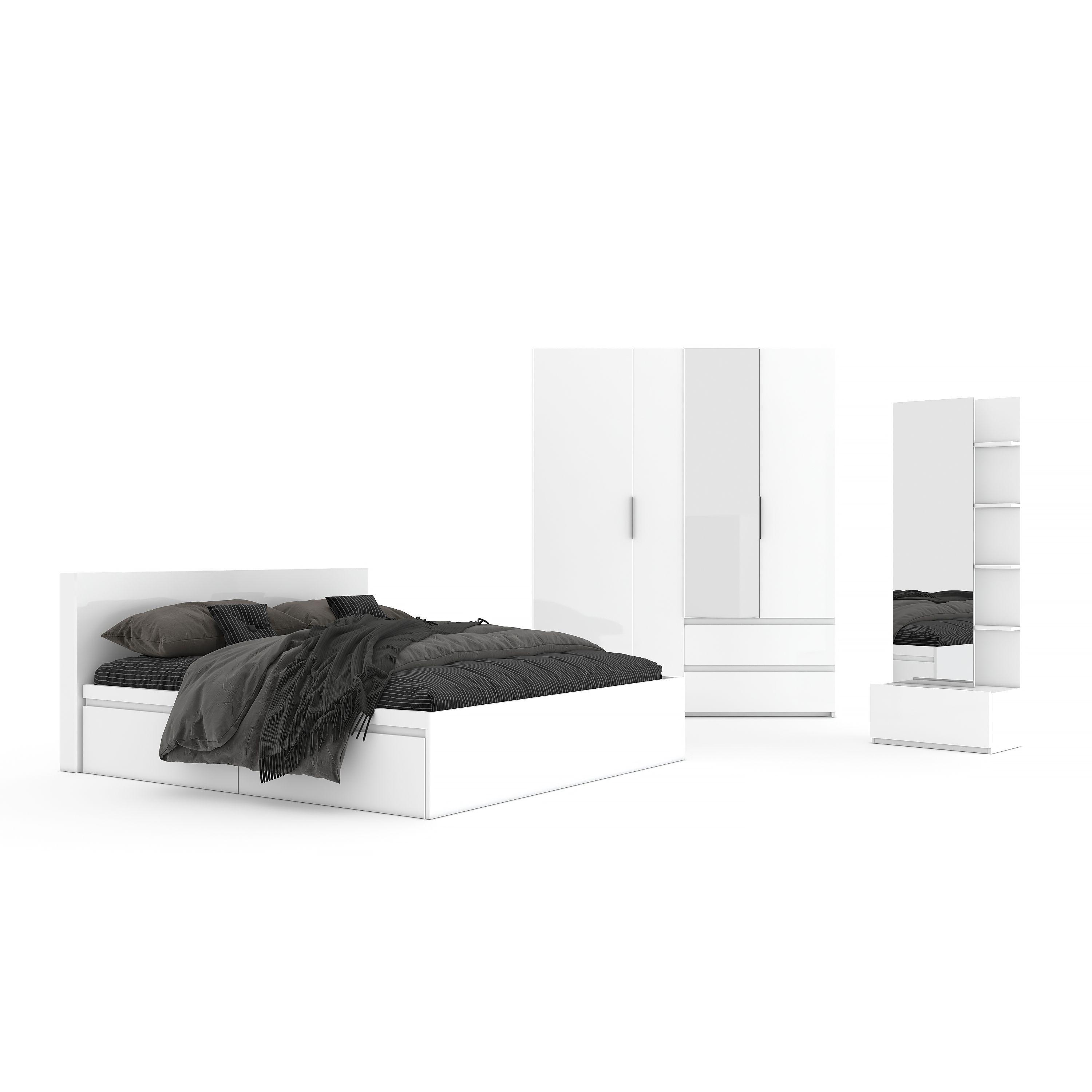ชุดห้องนอน รุ่นแมสซิโม่ ขนาด 6 ฟุต  (เตียง 2 ลิ้นชัก+ตู้เสื้อผ้า 4 บานประตู+โต๊ะเครื่องแป้ง) - สีขาว