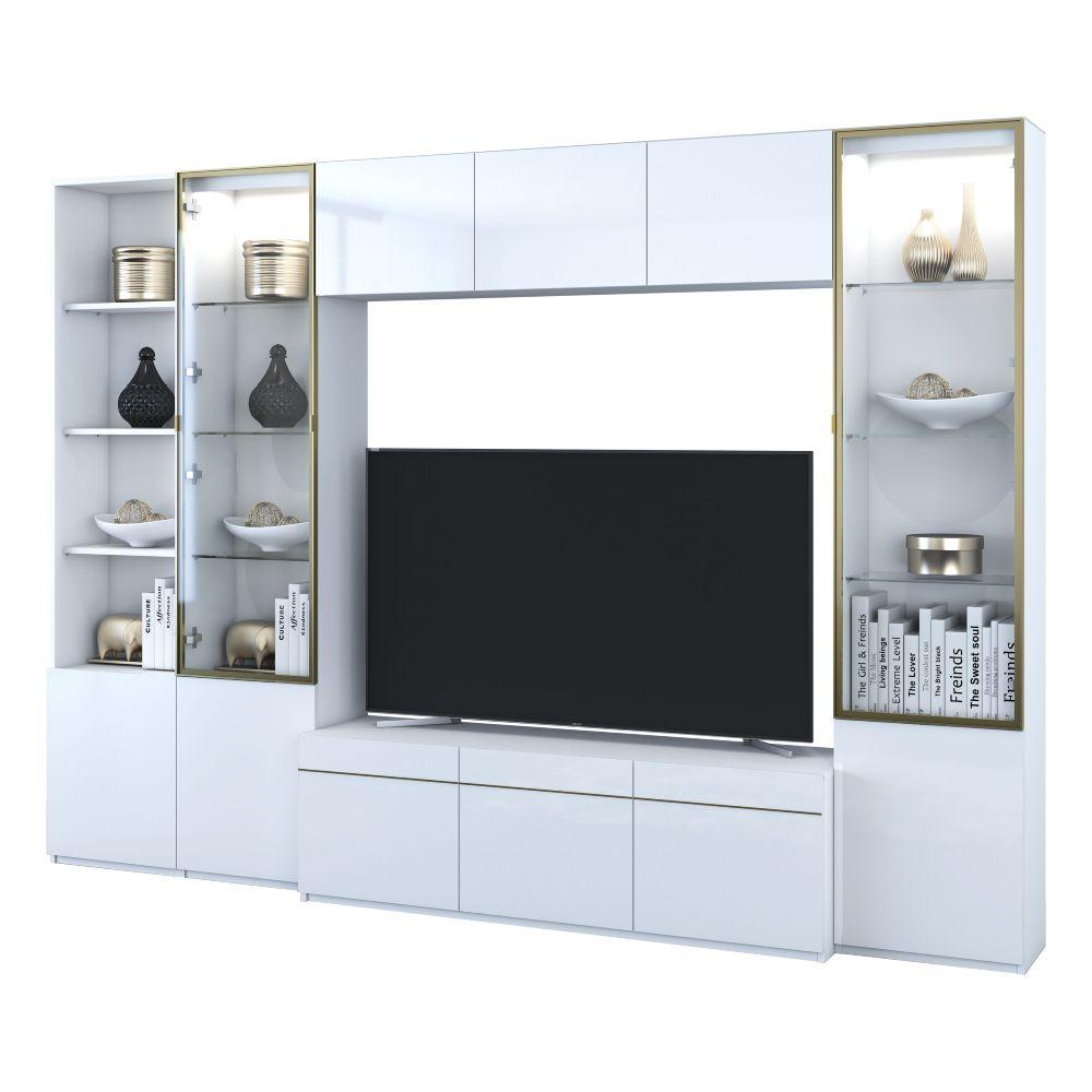 ชุดตู้วางทีวี+ตู้แขวนผนัง+ตู้สูง+2 ตู้โชว์ รุ่นบลัง ขนาด 310 ซม. - สีขาว
