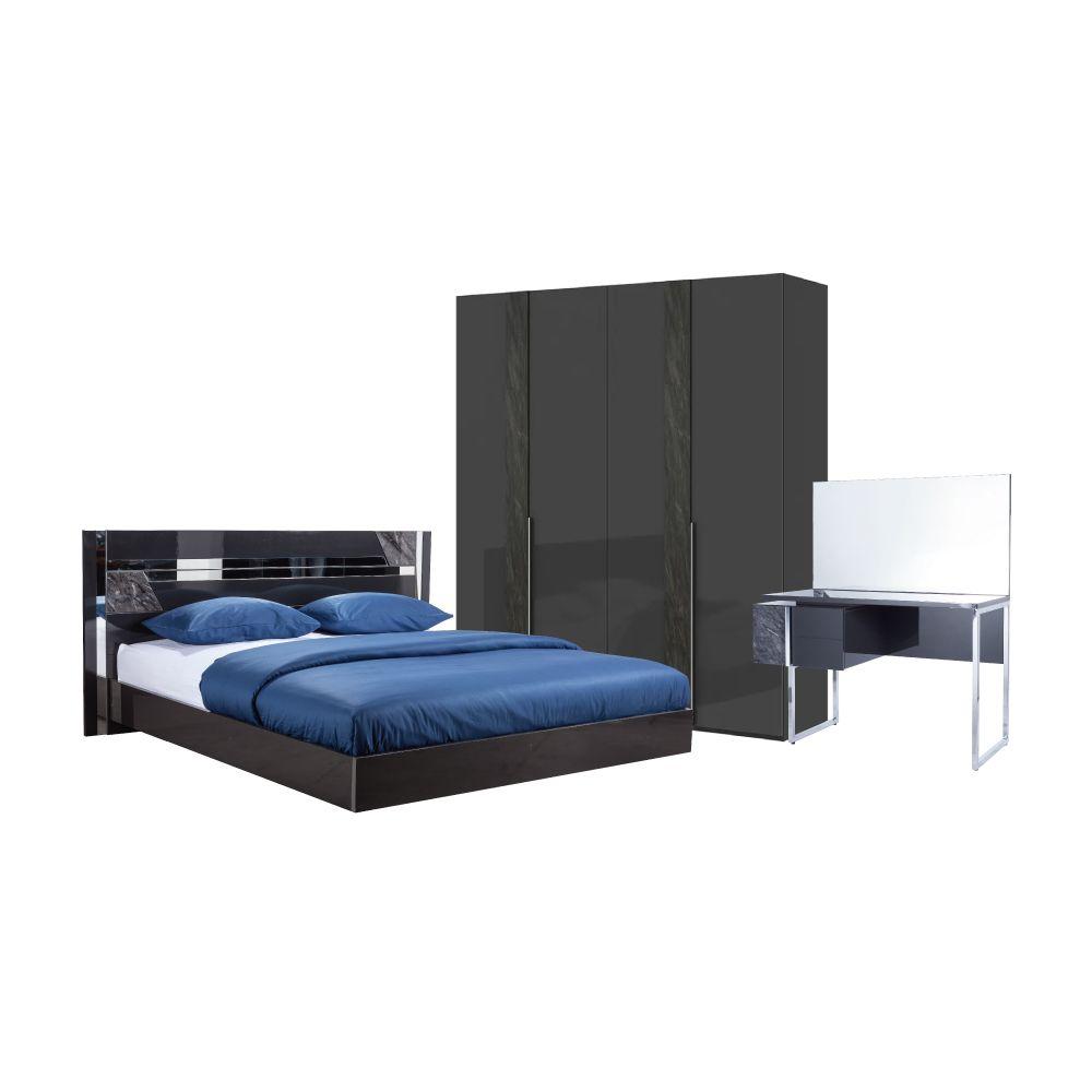 ชุดห้องนอน รุ่นบร๊องซ์พลัส ขนาด 6 ฟุต (เตียง, ตู้เสื้อผ้า 4 บาน, โต๊ะเครื่องเเป้ง) - สีเทาเข้ม/หินอ่อน