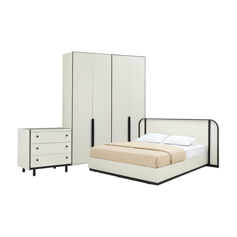 ชุดห้องนอน รุ่นโลรองซ์ ขนาด 6 ฟุต (เตียง, ตู้เสื้อผ้า 4 บาน, ตู้ 3 ลิ้นชัก) - สีขาวงาช้าง/ดำ
