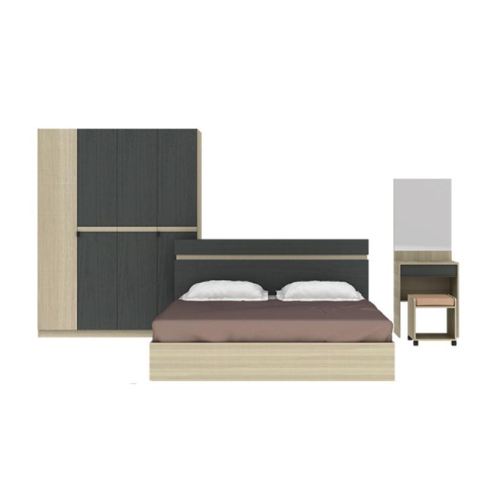 ชุดห้องนอน รุ่นเชลโล่ ขนาด 5 ฟุต (เตียงนอน, ตู้เสื้อผ้า 4 บานประตู, โต๊ะเครื่องแป้ง+สตูล) - สีไวท์ โอ๊ค/เทา