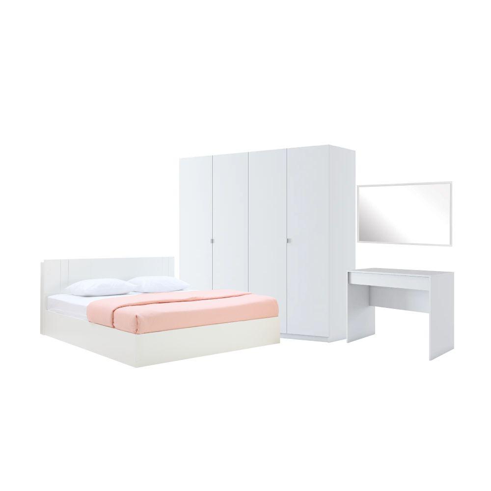 ชุดห้องนอน รุ่นเมโลเดียน+วาซิม ขนาด 6 ฟุต (เตียง, ตู้เสื้อผ้า 4 บาน, โต๊ะเครื่องแป้ง, กระจกเงา) - สีขาว