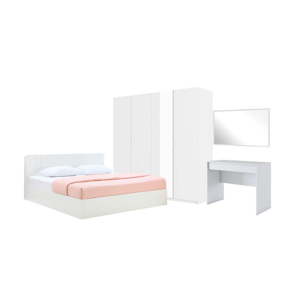 ชุดห้องนอน รุ่นเมโลเดียน+วากัส ขนาด 6 ฟุต (เตียง, ตู้เสื้อผ้า 4 บาน, โต๊ะเครื่องแป้ง, กระจกเงา) - สีขาว