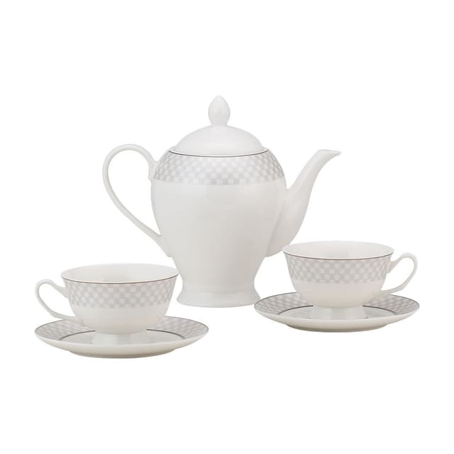 กาน้ำชาพร้อมถ้วยและจานรอง รุ่นแซมม์ (5 ชิ้น/ชุด) - สีขาว/เทาอ่อน