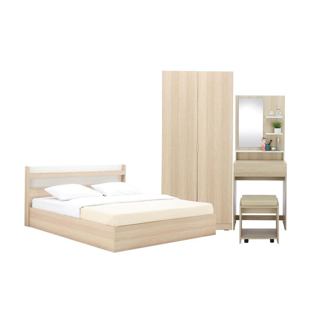 Furinbox ชุดห้องนอน รุ่นแชมป์ ขนาด 6 ฟุต (เตียง, ตู้เสื้อผ้า 2 บาน, โต๊ะเครื่องแป้งพร้อมสตูล) - สีไลท์ วู้ด/ขาว