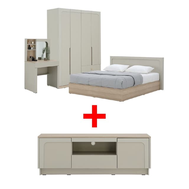 ซื้อชุดห้องนอน รุ่นเมลเบิร์น ขนาด 5 ฟุต (เตียง, ตู้เสื้อผ้า 4 บาน, โต๊ะเครื่องแป้ง) พร้อมตู้วางทีวี รุ่นเมลเบิร์น ขนาด 160 ซม. ราคาพิเศษ!