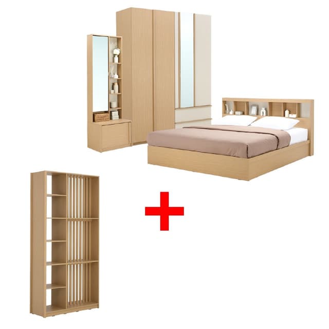 ซื้อชุดห้องนอน รุ่นชิซูโอกะ ขนาด 5 ฟุต (เตียง, ตู้เสื้อผ้า 4 บาน, โต๊ะเครื่องเเป้งแบบยืน) พร้อมชั้นวางของ รุ่นชิซูโอกะ ขนาด 118 ซม. ราคาพิเศษ!