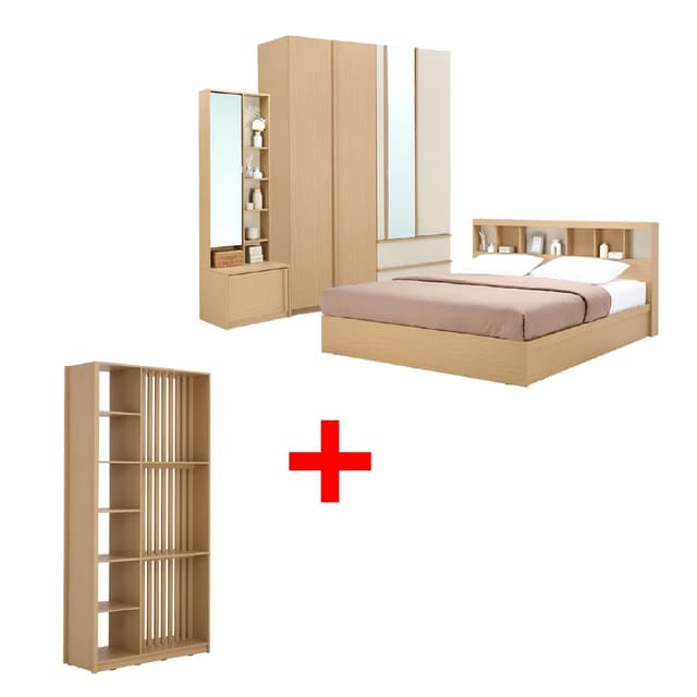 ซื้อชุดห้องนอน รุ่นชิซูโอกะ ขนาด 6 ฟุต (เตียง, ตู้เสื้อผ้า 4 บาน, โต๊ะเครื่องเเป้งแบบยืน) พร้อมชั้นวางของ รุ่นชิซูโอกะ ขนาด 118 ซม. ราคาพิเศษ!
