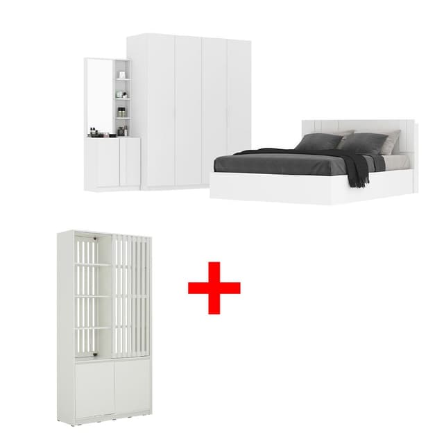 ซื้อชุดห้องนอน รุ่นเมโลเดียน ขนาด 6 ฟุต (เตียง, ตู้เสื้อผ้า 4 บาน, โต๊ะเครื่องแป้ง) พร้อมชั้นวางของพร้อมตู้ รุ่นชิซูโอกะ ขนาด 118 ซม. ราคาพิเศษ!