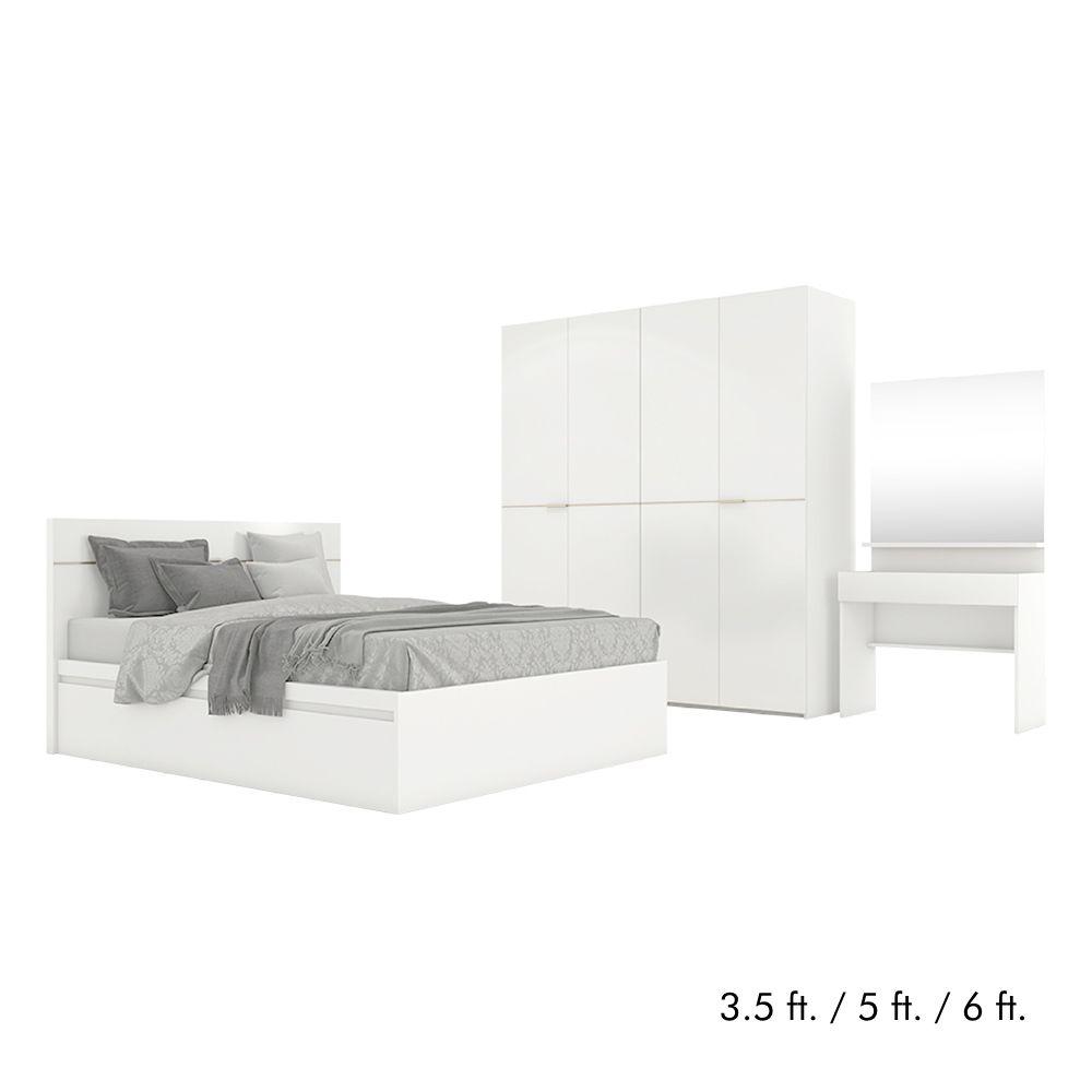 ชุดห้องนอน รุ่นบลัง พื้นเตียง 2 ลิ้นชัก (เตียง, ตู้เสื้อผ้า 4 บาน, โต๊ะเครื่องแป้ง) - สีขาว