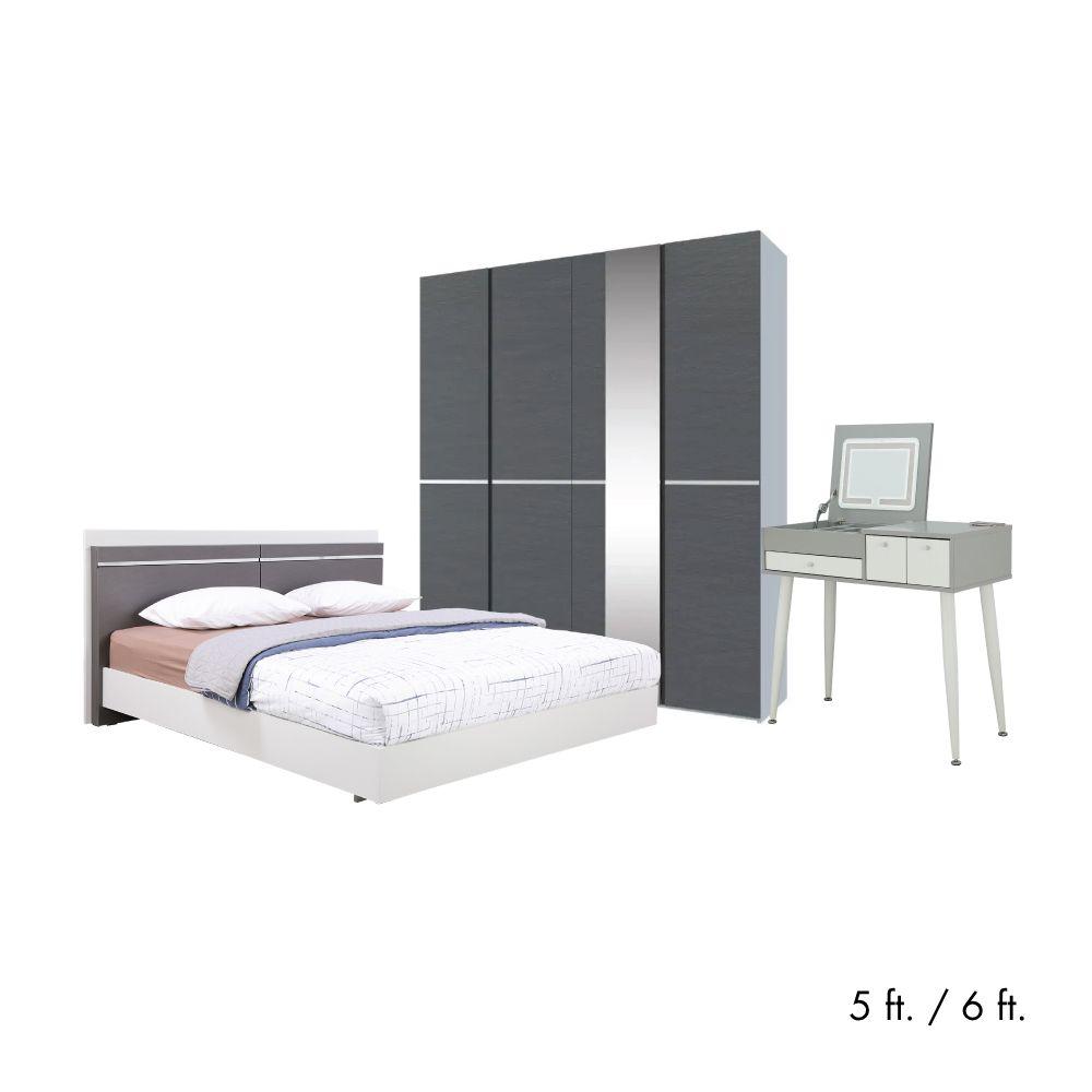 ชุดห้องนอน รุ่นเอสติม่า (เตียง, ตู้เสื้อผ้า 4 บาน, โต๊ะเครื่องแป้ง) - สีเทาอ่อน