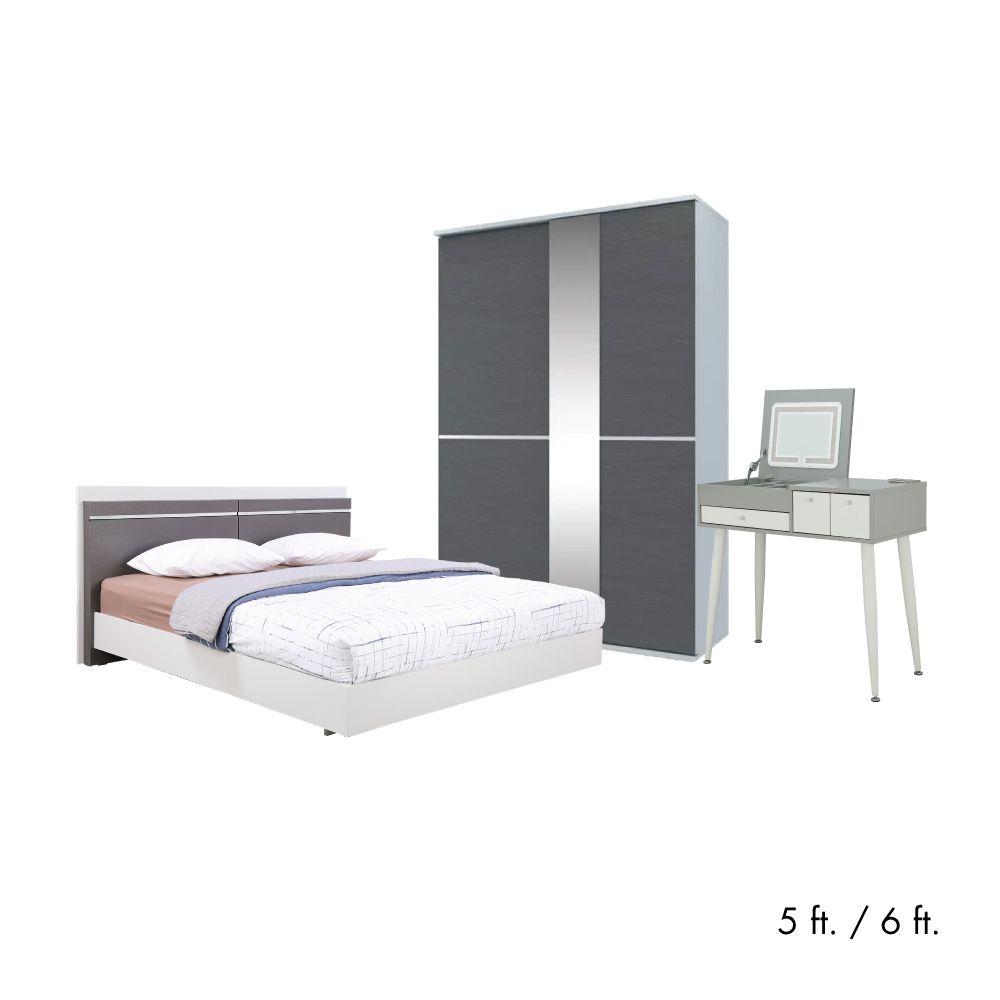 ชุดห้องนอน รุ่นเอสติม่า (เตียง, ตู้บานสไลด์, โต๊ะเครื่องแป้ง) - สีเทาอ่อน