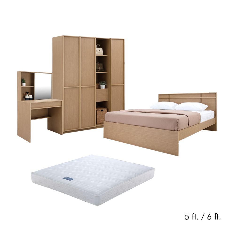 ชุดห้องนอน รุ่นฟุกุโอกะ (เตียง, ตู้เสื้อผ้าบานเปิด, โต๊ะเครื่องแป้ง, ที่นอน) - สีโตเกียว โอ๊ค