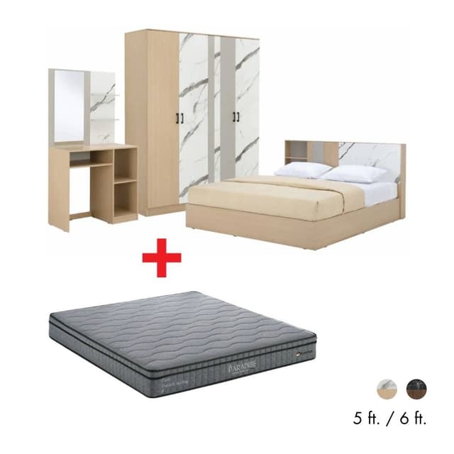 Furinbox ชุดห้องนอน รุ่นแมกโนเลีย (เตียง, ตู้เสื้อผ้า 4 บาน, โต๊ะเครื่องแป้ง, ที่นอน, หมอน 2 ใบ)