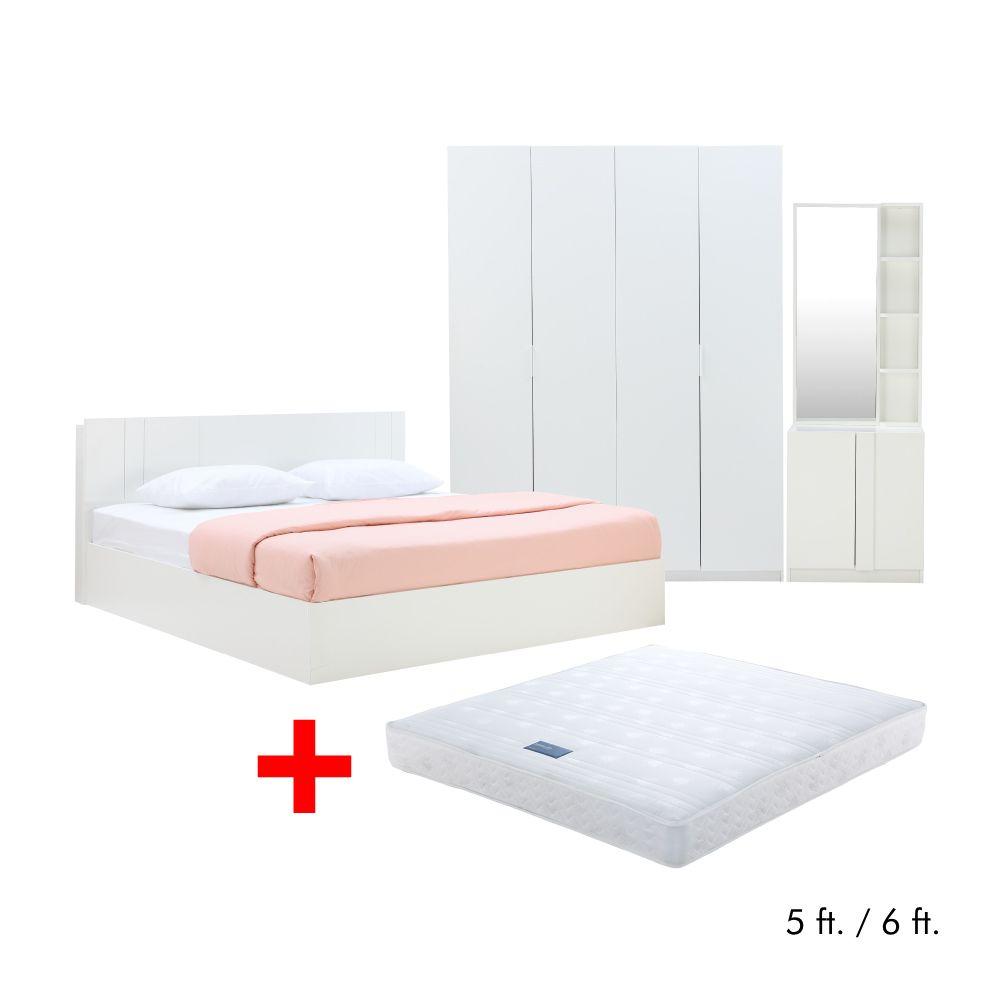 ชุดห้องนอน รุ่นเมโลเดียน (เตียง, ตู้เสื้อผ้า 4 บาน, โต๊ะเครื่องเเป้งแบบยืน, ที่นอน) - สีขาว