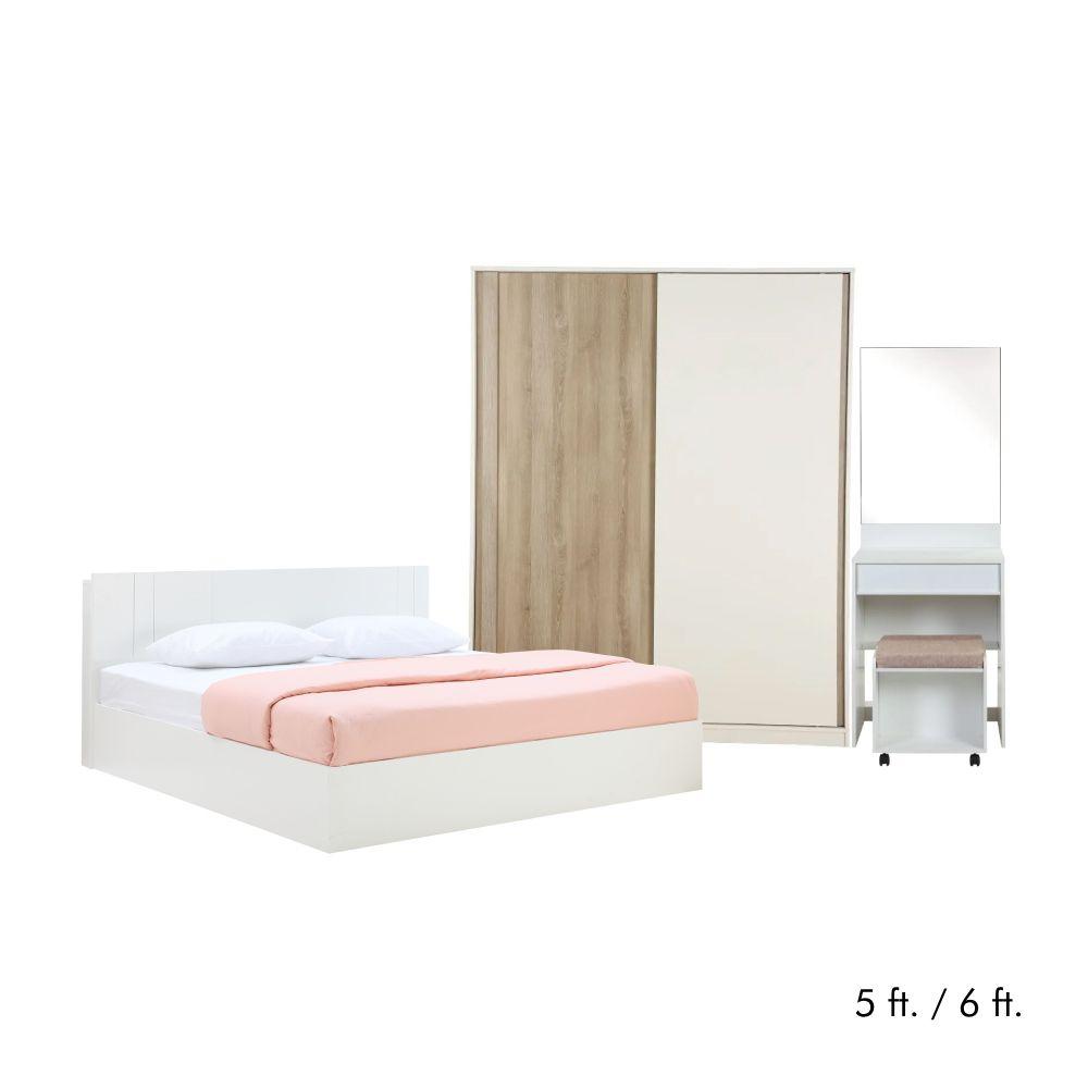 ชุดห้องนอน รุ่นเมโลเดียน+วาว่า (เตียงนอน, ตู้บานสไลด์, โต๊ะเครื่องแป้งพร้อมสตูล) - สีขาว