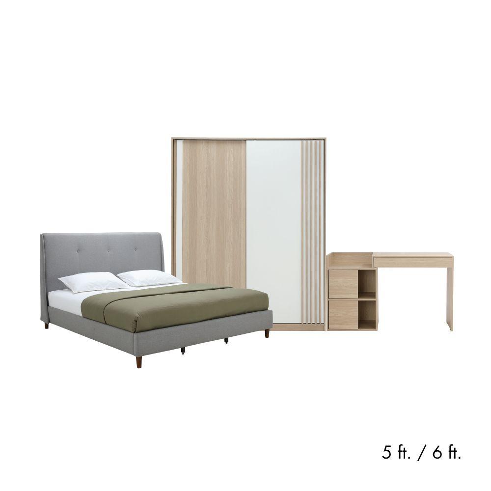 ชุดห้องนอน รุ่นมิลลี่+วาร่า (เตียง, ตู้บานสไลด์ 160 ซม., โต๊ะเครื่องแป้ง) - สีเทา/เลอบาน่า โอ๊ค
