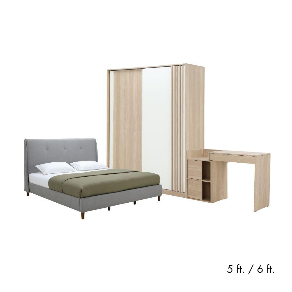 ชุดห้องนอน รุ่นมิลลี่+วาร่า (เตียง, ตู้บานสไลด์ 200 ซม., โต๊ะเครื่องแป้ง) - สีเทา/เลอบาน่า โอ๊ค