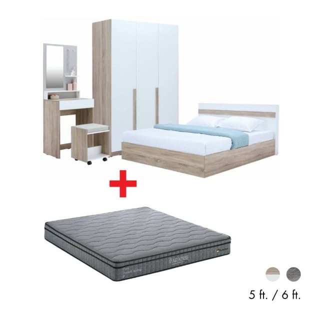 Furinbox ชุดห้องนอน รุ่นมินิโอ (เตียง, ตู้เสื้อผ้า 3 บาน, โต๊ะเครื่องแป้งพร้อมสตูล, ที่นอน, หมอน 2 ใบ)