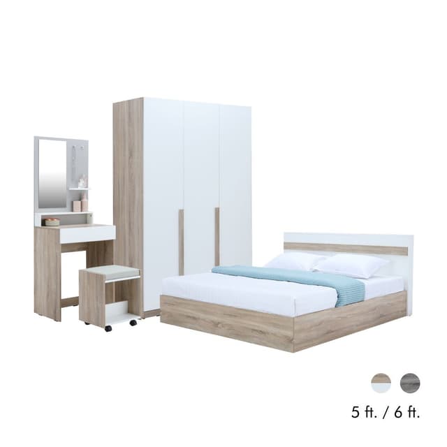 Furinbox ชุดห้องนอน รุ่นมินิโอ (เตียง, ตู้เสื้อผ้า 3 บาน, โต๊ะเครื่องแป้งพร้อมสตูล)