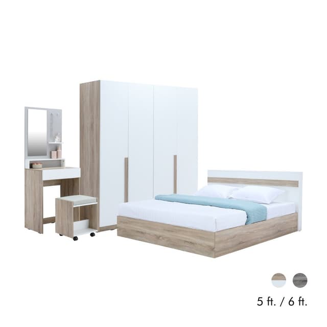 Furinbox ชุดห้องนอน รุ่นมินิโอ (เตียง, ตู้เสื้อผ้า 4 บาน, โต๊ะเครื่องแป้งพร้อมสตูล)