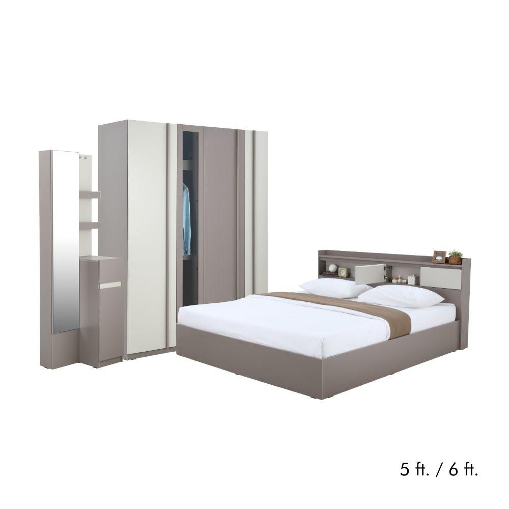 ชุดห้องนอน รุ่นมิวนิค (เตียง, ตู้เสื้อผ้า 4 บาน, โต๊ะเครื่องแป้ง) - สีโอวัลติน/หินทราย