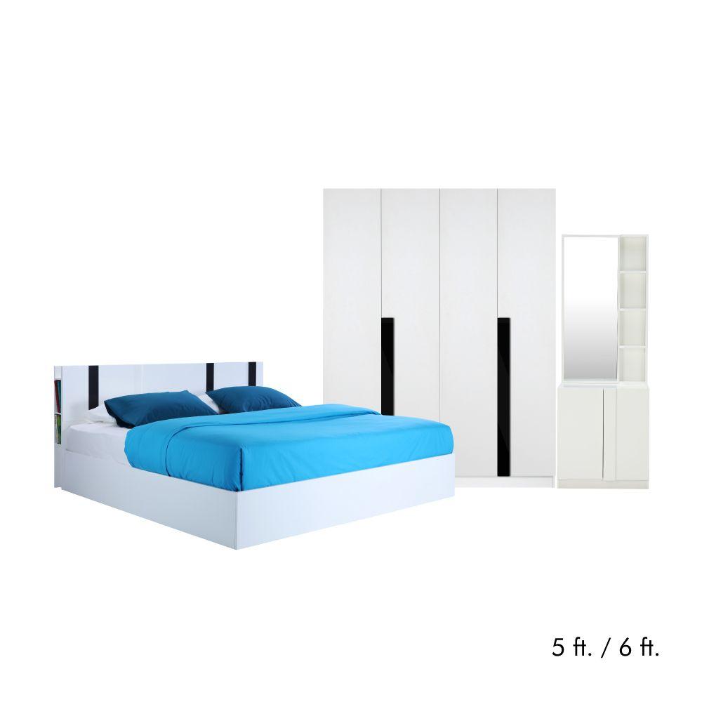 ชุดห้องนอน รุ่นเปียโน+เมโลเดียน (เตียง, ตู้เสื้อผ้า 4 บาน, โต๊ะเครื่องแป้ง) - สีขาว/ดำ