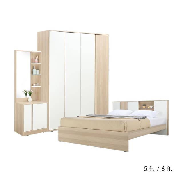 ชุดห้องนอน รุ่นร็อตเตอร์ดัม (เตียง, ตู้เสื้อผ้า 4 บาน, โต๊ะเครื่องแป้ง) - สีเลอบาน่า โอ๊ค/ขาว