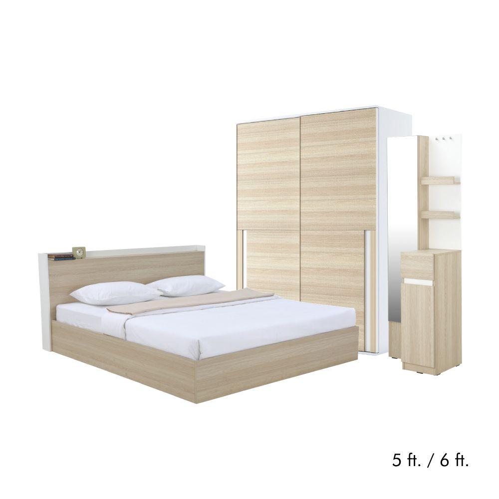 ชุดห้องนอน รุ่นซิดนี่ย์ (เตียงนอน, ตู้บานสไลด์, โต๊ะเครื่องแป้งแบบยืน) - สีขาว/ไวท์ โอ๊ค