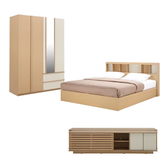 ชุดห้องนอน รุ่นชิซูโอกะ ขนาด 6 ฟุต (เตียง, ตู้เสื้อผ้า 4 บาน, ตู้วางทีวี) ราคาพิเศษ!
