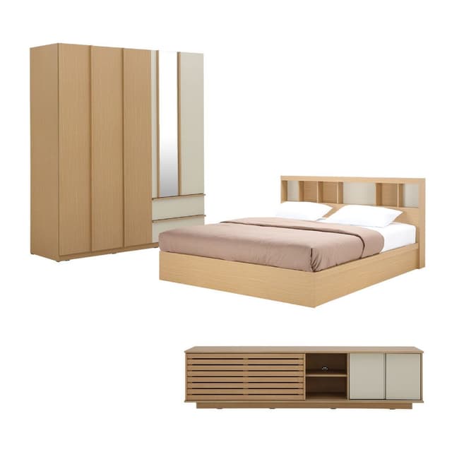 ชุดห้องนอน รุ่นชิซูโอกะ ขนาด 5 ฟุต (เตียง, ตู้เสื้อผ้า 5 บาน, ตู้วางทีวี) ราคาพิเศษ!