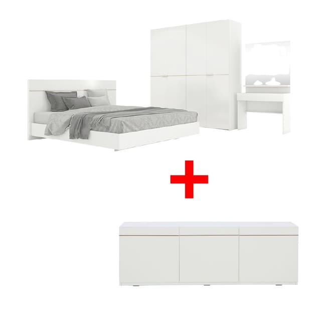 ชุดห้องนอน รุ่นบลัง ขนาด 6 ฟุต (เตียง(พื้นเตียงซี่), ตู้เสื้อผ้า 4 บาน, โต๊ะเครื่องแป้ง) พร้อมตู้วางทีวี รุ่นบลัง ราคาพิเศษ!