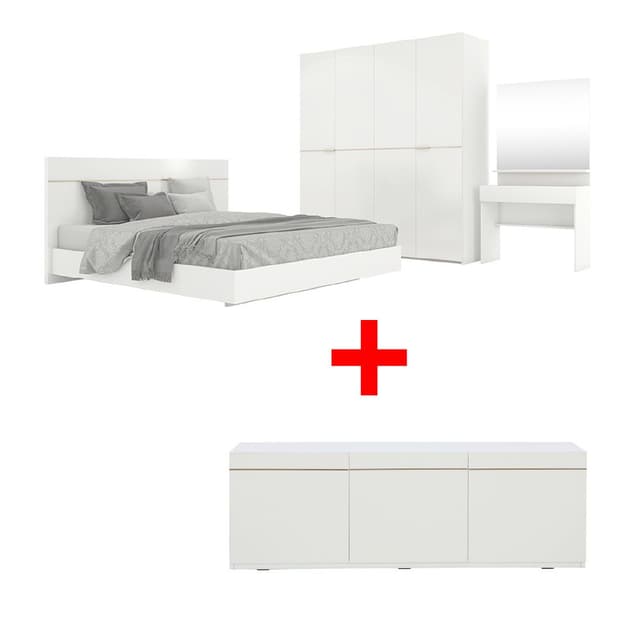 ชุดห้องนอน รุ่นบลัง ขนาด 6 ฟุต (เตียง(พื้นเตียงทึบ), ตู้เสื้อผ้า 4 บาน, โต๊ะเครื่องแป้ง) พร้อมตู้วางทีวี รุ่นบลัง ราคาพิเศษ!