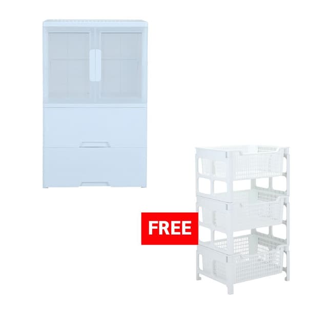 ซื้อตู้บานเปิดพร้อมลิ้นชัก 2 ชั้น รุ่นมอตโต้ แถมฟรี! ชั้นวางของ 3 ชั้น รุ่นฟูล