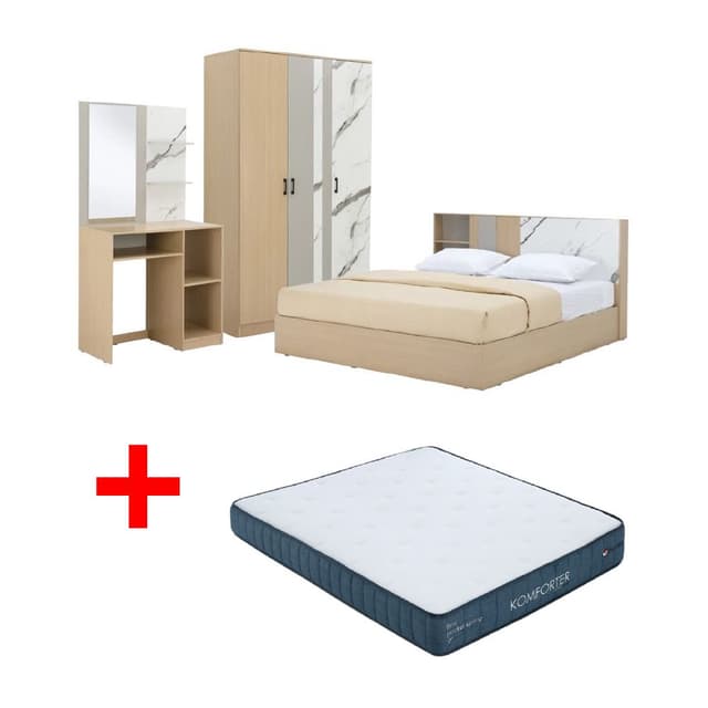 ซื้อชุดห้องนอน รุ่นแมกโนเลีย ขนาด 6 ฟุต (เตียง, ตู้เสื้อผ้า 3 บาน, โต๊ะเครื่องแป้ง) - สีธรรมชาติ/หินอ่อนขาว พร้อมที่นอน รุ่นคอมฟอร์ทเตอร์ ขนาด 6 ฟุต ราคาพิเศษ!