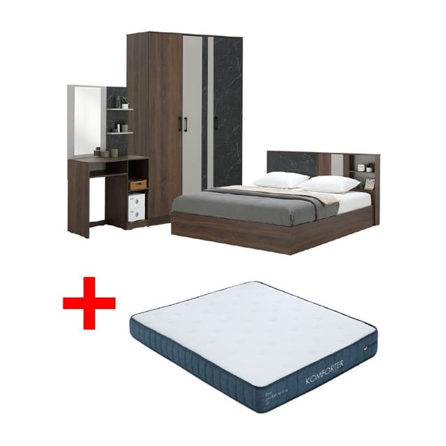 ซื้อชุดห้องนอน รุ่นแมกโนเลีย ขนาด 5 ฟุต (เตียง, ตู้เสื้อผ้า 3 บาน, โต๊ะเครื่องแป้ง) - สีวอลนัท/หินอ่อนดำ พร้อมที่นอน รุ่นคอมฟอร์ทเตอร์ ขนาด 5 ฟุต ราคาพิเศษ!