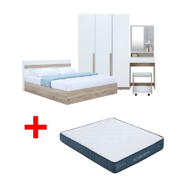 ซื้อชุดห้องนอน รุ่นมินิโอ ขนาด 5 ฟุต (เตียง, ตู้เสื้อผ้า 3 บาน, โต๊ะเครื่องแป้งพร้อมสตูล) - สีธรรมชาติ/ขาว พร้อมที่นอน รุ่นคอมฟอร์ทเตอร์ ขนาด 5 ฟุต ราคาพิเศษ!