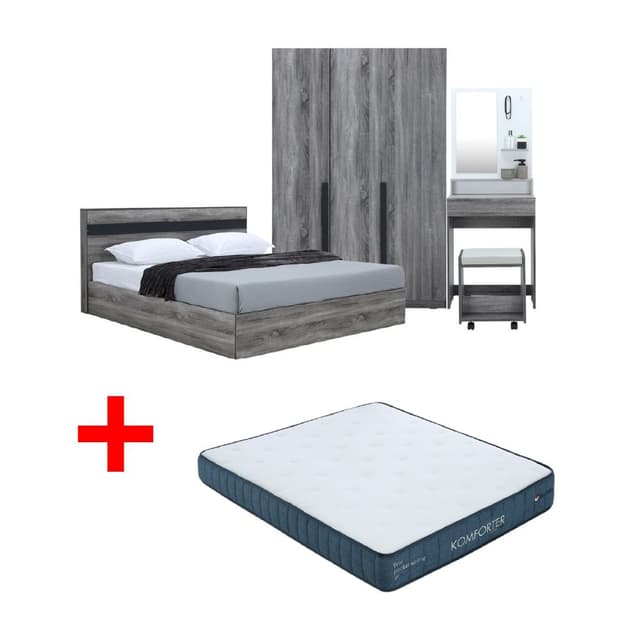 ซื้อชุดห้องนอน รุ่นมินิโอ ขนาด 5 ฟุต (เตียง, ตู้เสื้อผ้า 3 บาน, โต๊ะเครื่องแป้งพร้อมสตูล) - สีเทา พร้อมที่นอน รุ่นคอมฟอร์ทเตอร์ ขนาด 5 ฟุต ราคาพิเศษ!