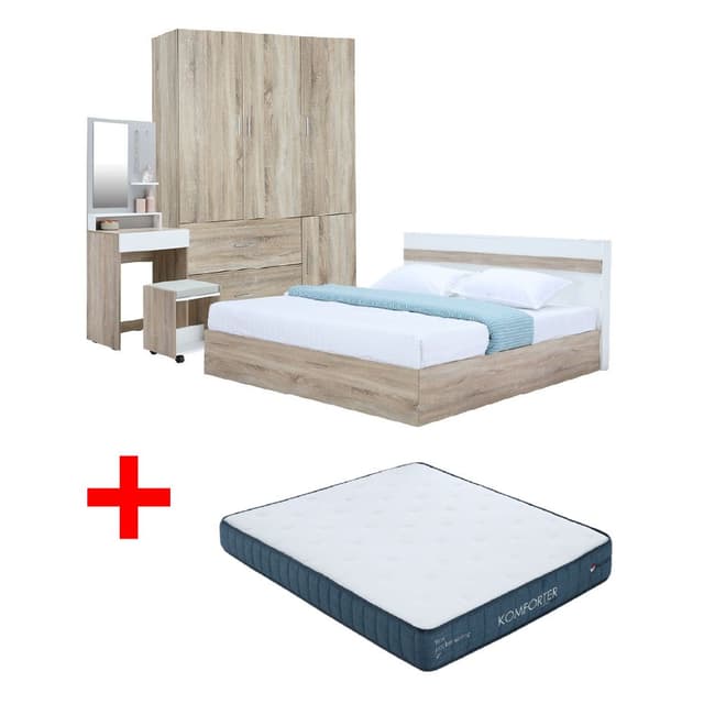 ซื้อชุดห้องนอน รุ่นมินิโอ+ทิวลิป ขนาด 5 ฟุต (เตียง, ตู้เสื้อผ้า 3 บาน, โต๊ะเครื่องแป้งพร้อมสตูล) พร้อมที่นอน รุ่นคอมฟอร์ทเตอร์ ขนาด 5 ฟุต ราคาพิเศษ!