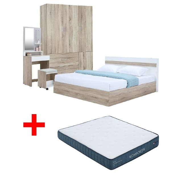ซื้อชุดห้องนอน รุ่นมินิโอ+ทิวลิป ขนาด 6 ฟุต (เตียง, ตู้เสื้อผ้า 3 บาน, โต๊ะเครื่องแป้งพร้อมสตูล) พร้อมที่นอน รุ่นคอมฟอร์ทเตอร์ ขนาด 6 ฟุต ราคาพิเศษ!