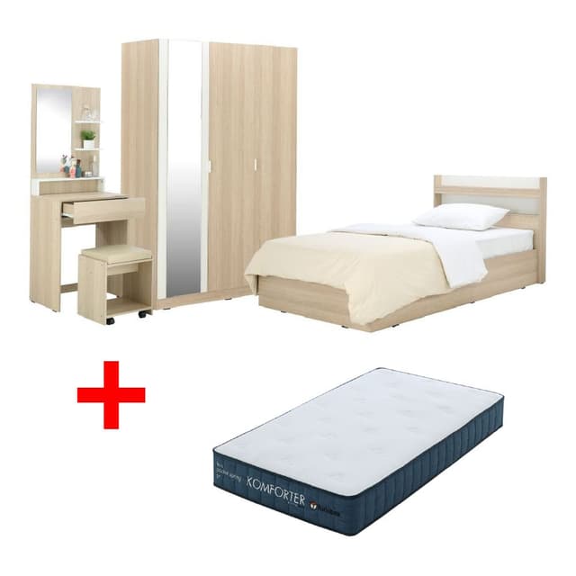 ซื้อชุดห้องนอน รุ่นแชมป์ ขนาด 3.5 ฟุต (เตียง, ตู้เสื้อผ้า 3 บาน พร้อมกระจก, โต๊ะเครื่องแป้งพร้อมสตูล) พร้อมที่นอน รุ่นคอมฟอร์ทเตอร์ ขนาด 3.5 ฟุต ราคาพิเศษ!