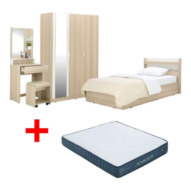 ซื้อชุดห้องนอน รุ่นแชมป์ ขนาด 5 ฟุต (เตียง, ตู้เสื้อผ้า 3 บาน พร้อมกระจก, โต๊ะเครื่องแป้งพร้อมสตูล) พร้อมที่นอน รุ่นคอมฟอร์ทเตอร์ ขนาด 5 ฟุต ราคาพิเศษ!