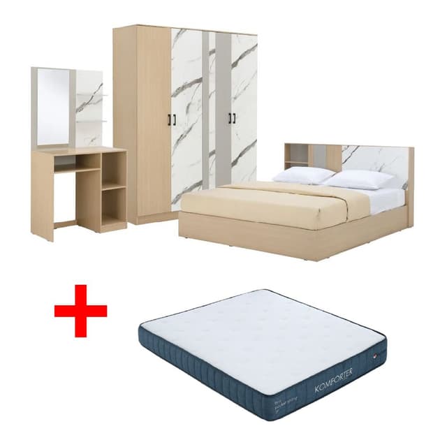 ซื้อชุดห้องนอน รุ่นแมกโนเลีย ขนาด 5 ฟุต (เตียง, ตู้เสื้อผ้า 4 บาน, โต๊ะเครื่องแป้ง) - สีธรรมชาติ/หินอ่อนขาว พร้อมที่นอน รุ่นคอมฟอร์ทเตอร์ ขนาด 5 ฟุต ราคาพิเศษ!